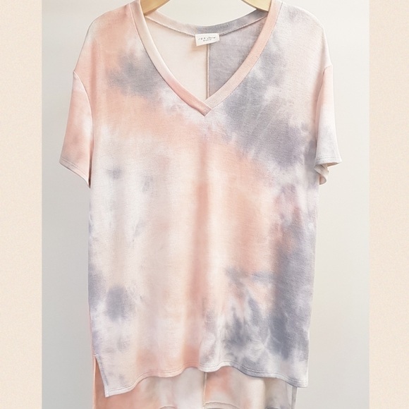 Peach & Gray Tie Dye SS V-Neck T-Shirt - Picture 1 of 8